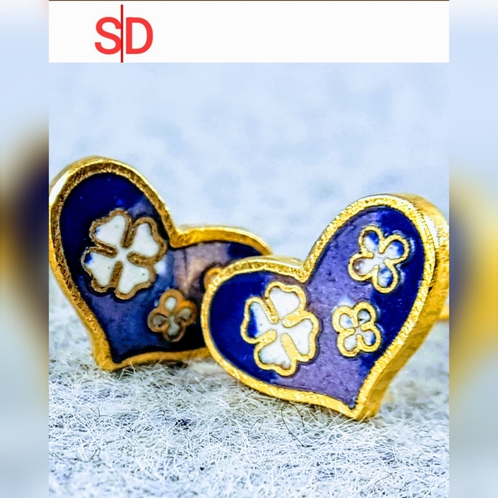 Solid Brass Cloissone (Enamel) Heart Shaped Stud Earring